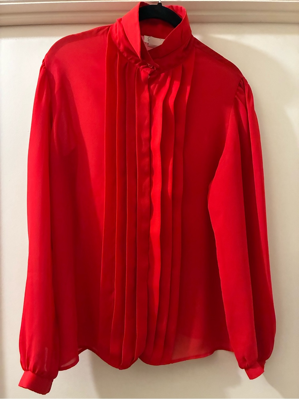 Vintage 80s Red Pleated High-Neck Women's Blouse